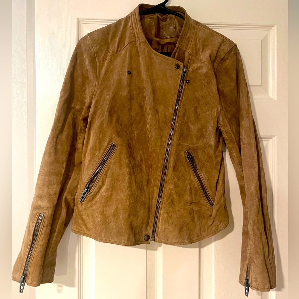 Genuine leather (suede) moto jacket in versatile camel color with zip details